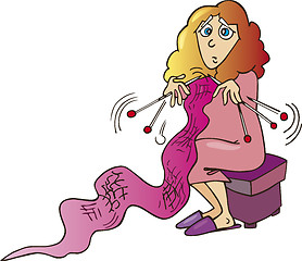 Image showing Stressed housewife knitting