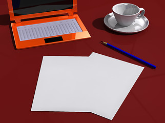 Image showing Desk with papers, laptop, pencil and cup