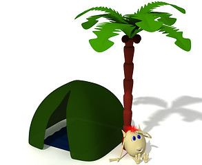 Image showing Puppet sitting near green tent under palm