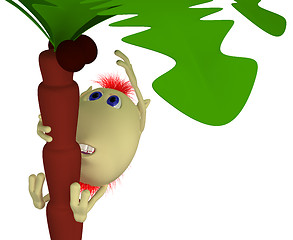 Image showing Puppet clims on high palm after coconut