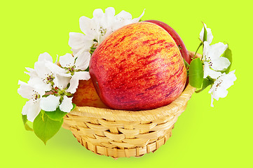 Image showing Red apples in a basket with flowers