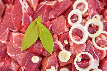 Image showing The texture of the meat, laurel leaf and onion