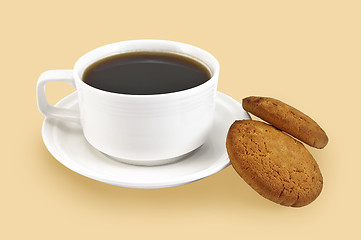 Image showing White cup with coffee and biscuits