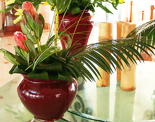 Image showing Beautiful decor with two vases with flowers and bamboo 