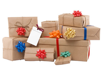 Image showing gift boxes with ribbon and blank label