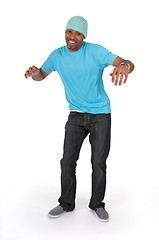 Image showing Funny guy in a blue t-shirt dancing