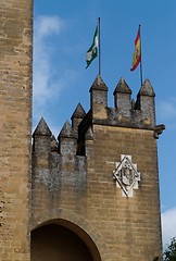 Image showing Almodovar Del Rio medieval castle with flags of Spain and Andalusia