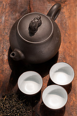 Image showing chinese green tea pot and cups