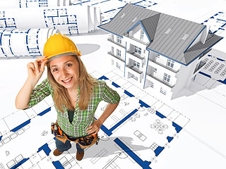 Image showing female worker on 3d blueprint