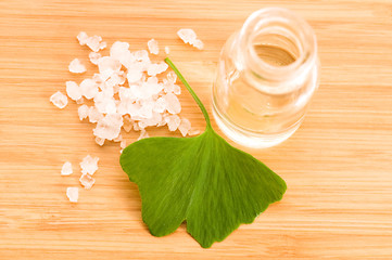 Image showing fresh leaves ginko biloba essential oil and sea salt - beauty tr