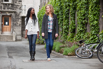 Image showing Young female friends having a chat while walking