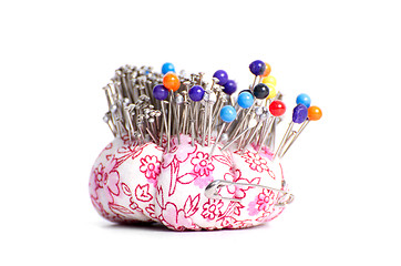 Image showing Colored pinheads in pin-cushion