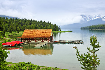 Image showing Boathouse on mountain lake
