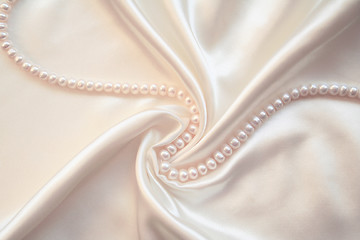 Image showing Smooth elegant white silk with pearls as wedding background 