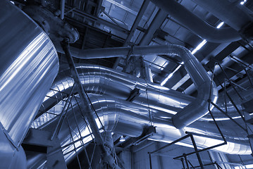 Image showing Industrial zone, Steel pipelines in blue tones  