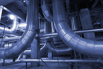 Image showing Industrial zone, Steel pipelines in blue tones  