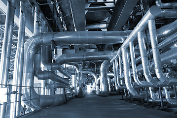 Image showing Industrial zone, Steel pipelines in blue tones  