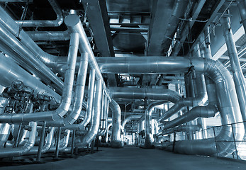 Image showing Industrial zone, Steel pipelines in blue tones  