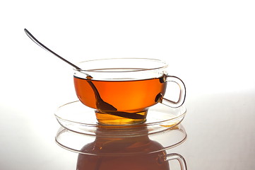 Image showing cup of tea on white with reflection