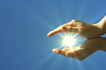 Image showing hand sun and blue sky