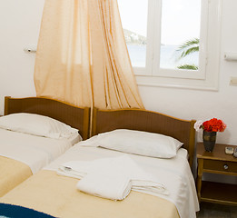 Image showing Greek Island guest house room interior sea view window