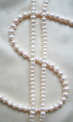 Image showing  Pearls on the smooth elegant white silk as background