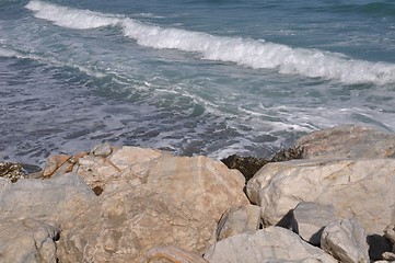 Image showing Ocean waves from stone pier