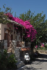 Image showing Greek house with bougainvillea and scooter