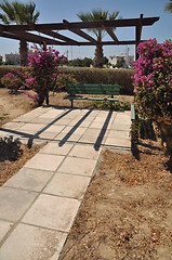 Image showing Bench and bougainvillea flowers