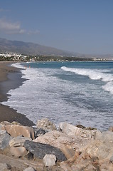 Image showing Puerto Banus beach from stone pier