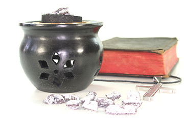 Image showing frankincense with incense censer and Bible
