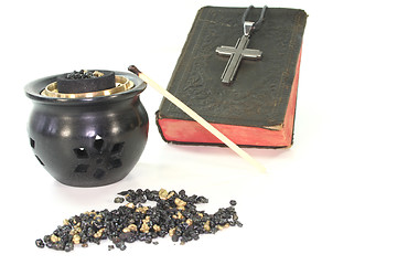 Image showing frankincense with incense censer and Bible