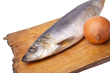 Image showing Herring with onion on old kitchen board