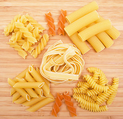 Image showing Different kinds of pasta on the wooden background 