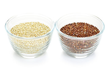 Image showing Red and white quinoa grain in bowls