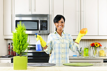 Image showing Young woman cleaning kitchen