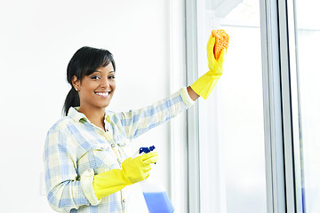 Image showing Smiling woman cleaning windows