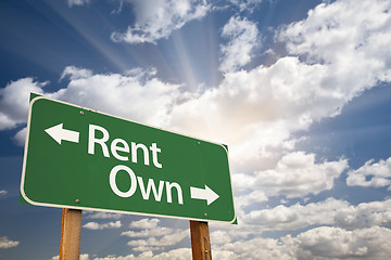 Image showing Rent, Own Green Road Sign Against Clouds