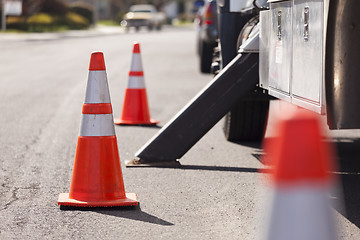 Image showing Orange Hazard Safety Cones and Work Truck