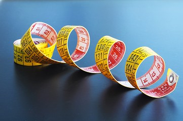 Image showing measuring tape on blue background