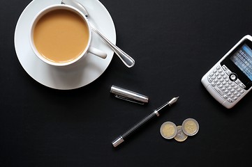 Image showing coffee pen phone and paper