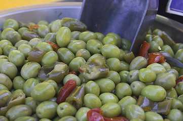 Image showing Whole olives and chilli