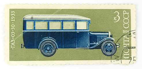 Image showing A cancelled stamp with a bus