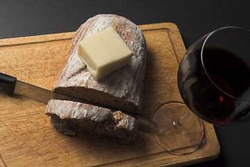 Image showing bread wine and cheese