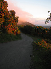 Image showing Autumn forest road to the summit of the mountain