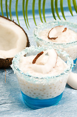 Image showing Coconut pudding with tapioca pearls and litchi jelly