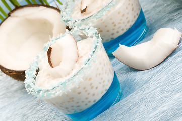 Image showing Coconut pudding with tapioca pearls and litchi jelly