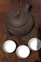 Image showing chinese green tea pot and cups