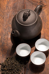 Image showing chinese green tea pot and cups