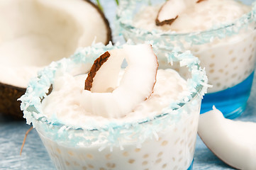 Image showing Coconut pudding with tapioca pearls and litchi jelly